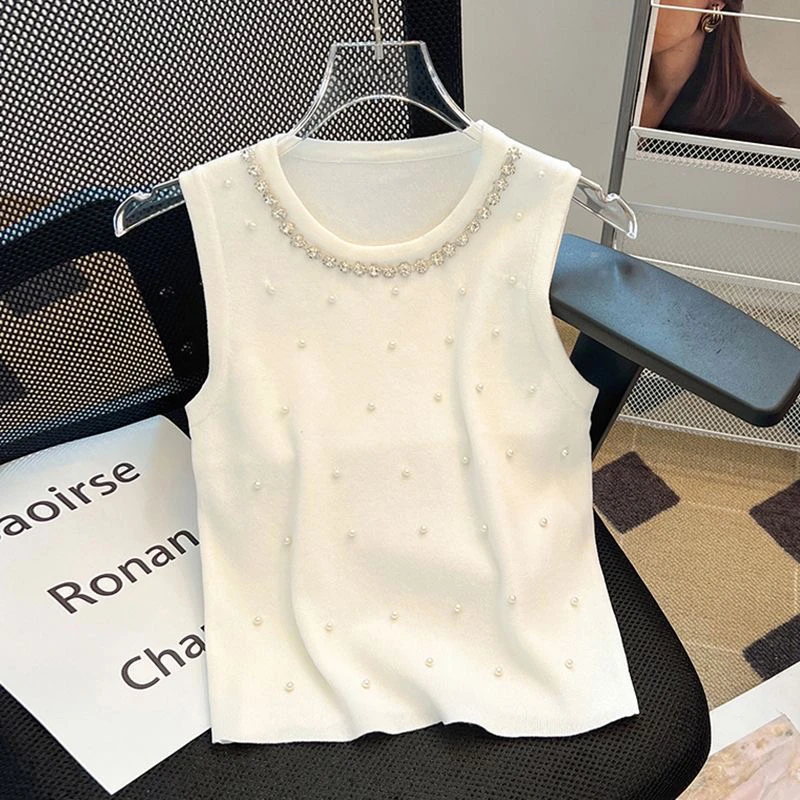 重工圆领钉珠针织衫背心女2025春夏新款百搭打底内搭无袖上衣988