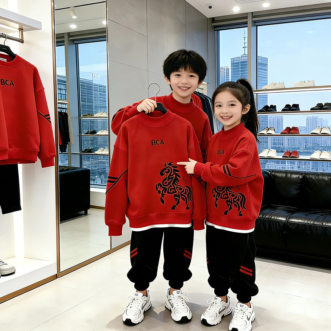 BCA【马年大吉】新年男女童红色喜庆拜年服冬季加绒套装S-016+GN-11