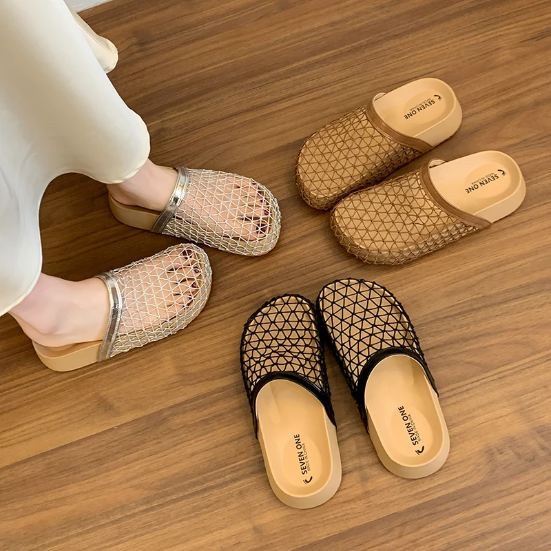 厚底勃肯鞋渔网包头半拖鞋女夏外穿2025新款一脚蹬网面镂空凉拖鞋
