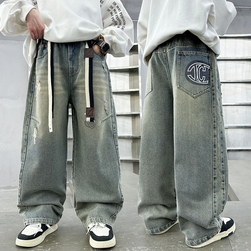 男童裤子春秋款2025新款儿童痞帅阔腿工装牛仔裤中大童高街直筒裤