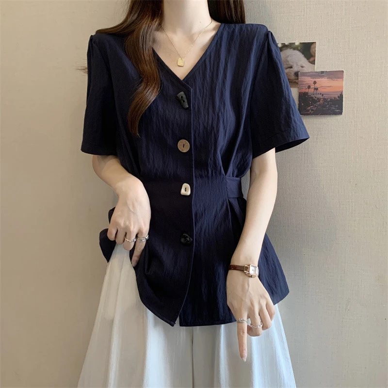 大码设计感领雪纺短袖衬衫女夏季胖显瘦收腰气质减龄正肩上衣