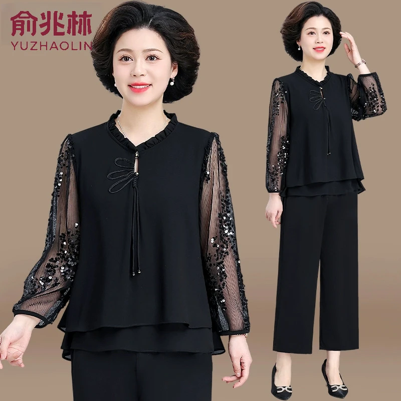 妈妈夏装端庄大气套装纱袖上衣两件套2025新款中老年女装春夏小衫