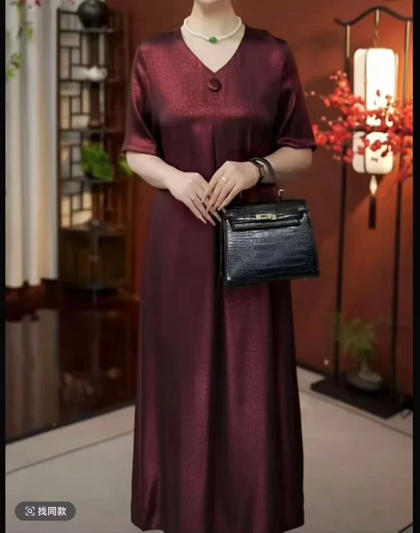 【高定酒红色龟裂纹】2025气质显瘦中长款显瘦百搭连衣裙