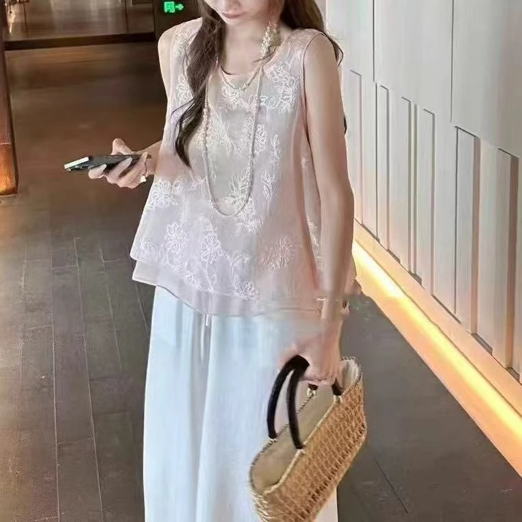 小孟~新中式吊带宽松型拼接重工印花宽松镂空背心9217