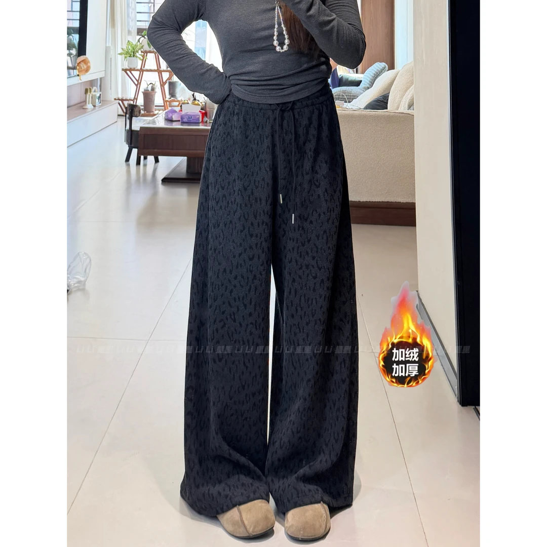 胖MM豹纹长裤高腰冬季水洗休闲裤加绒加厚显瘦休闲宽松复古女裤