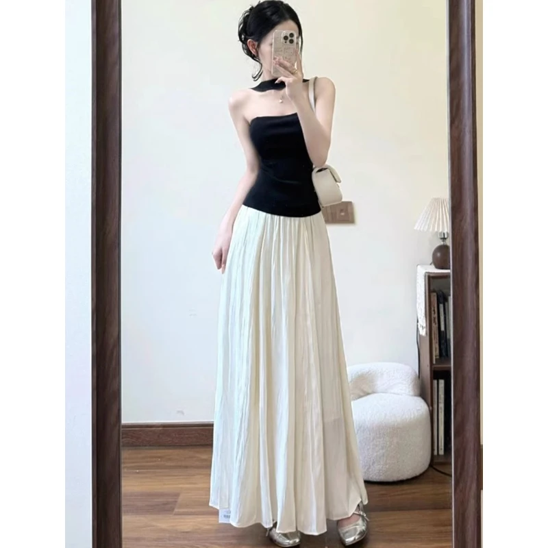 夏季女装穿搭纯欲绝美黑色挂脖抹胸上衣褶皱半身长裙裙子两件套