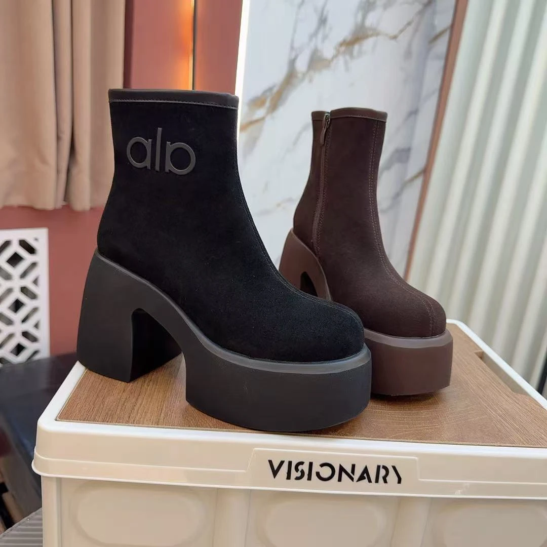 气质优雅女新款粗跟厚底短靴翻毛皮防水台真皮高跟马丁靴2596-10