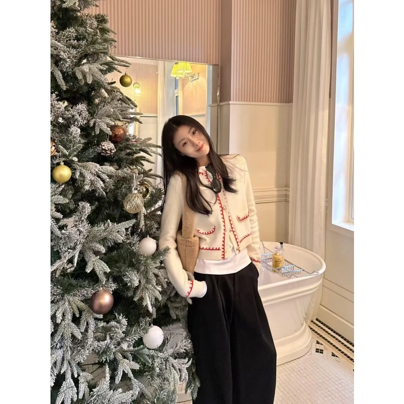 设计感撞色别致超好看毛衣女韩系慵懒风圆领上衣高腰休闲阔腿长裤