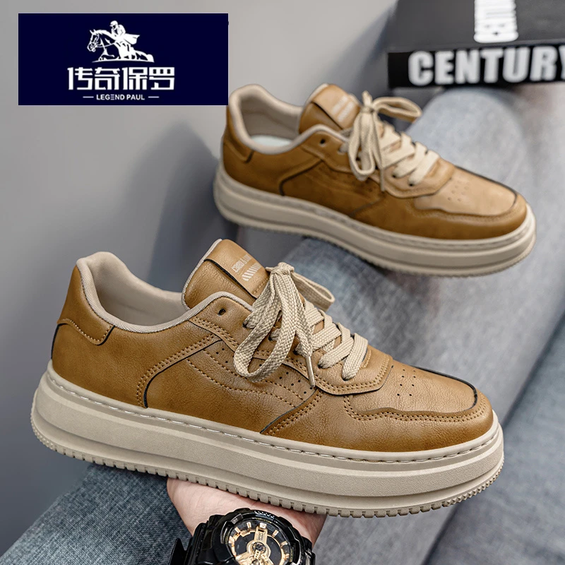 传奇保罗正版鞋子男款冬季复古皮面休闲鞋男士潮流百搭小麦色板鞋