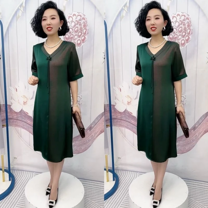 中老年妈妈连衣裙夏季短袖新款撞色设计国风短袖显瘦旗袍长裙