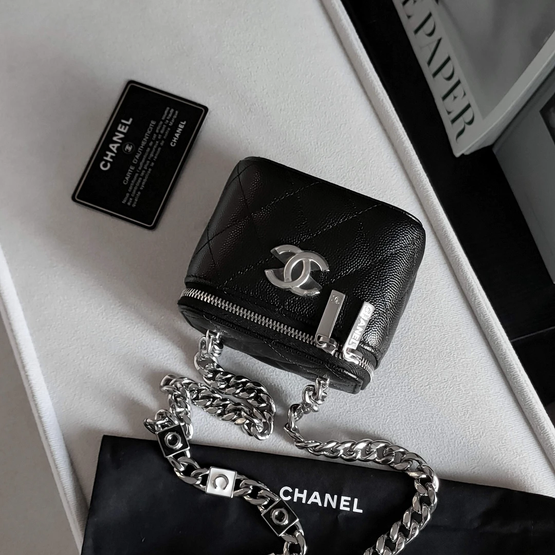 95新 Chanel/香奈儿 Azul-22s黑银荔枝皮珐琅链条斜挎盒子包38479