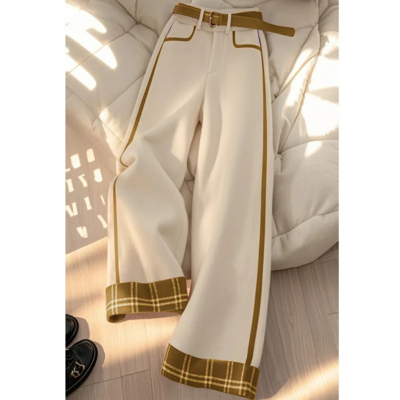 2025年冬季新款小个子高级感独特别致高腰白拼黄格纹直筒阔腿裤女