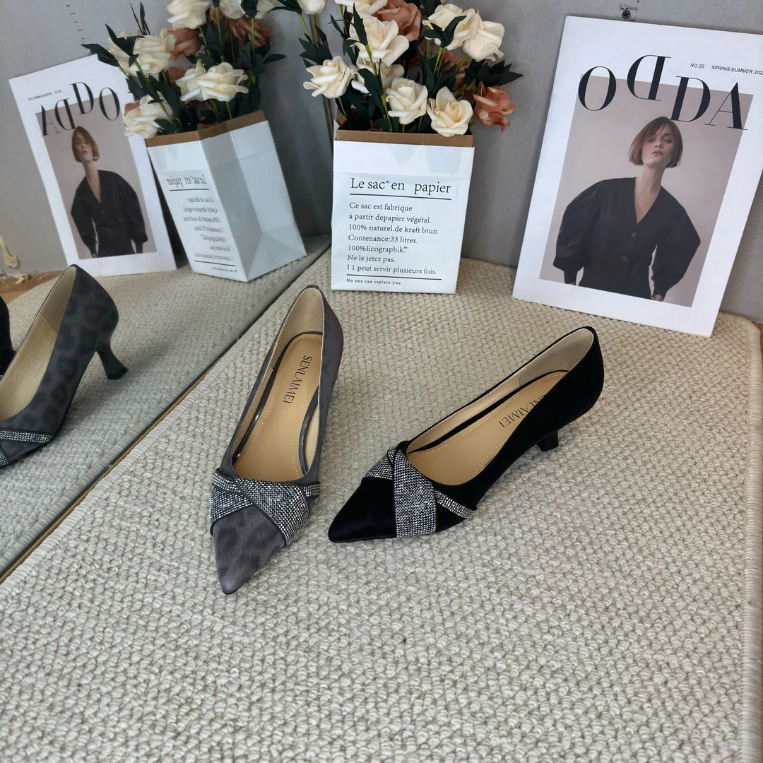 【通勤款】SLM/牛皮/6CM/33-40/9066豹纹水钻尖头高跟优雅小单鞋