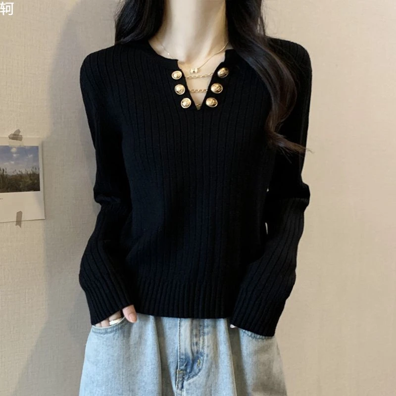 黑色v领设计感内搭针织衫女秋冬季新款显瘦毛衣减龄打底长袖上衣