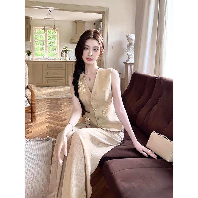 【纪朵研】1002夏季新款法式气质高级小众设计款马甲高腰阔腿裤两件