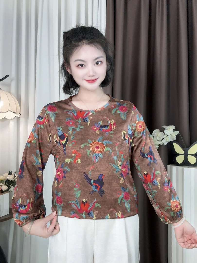 [棕花鸟]新中式中国风时尚显瘦遮肉高级洋气九分袖女圆领T恤