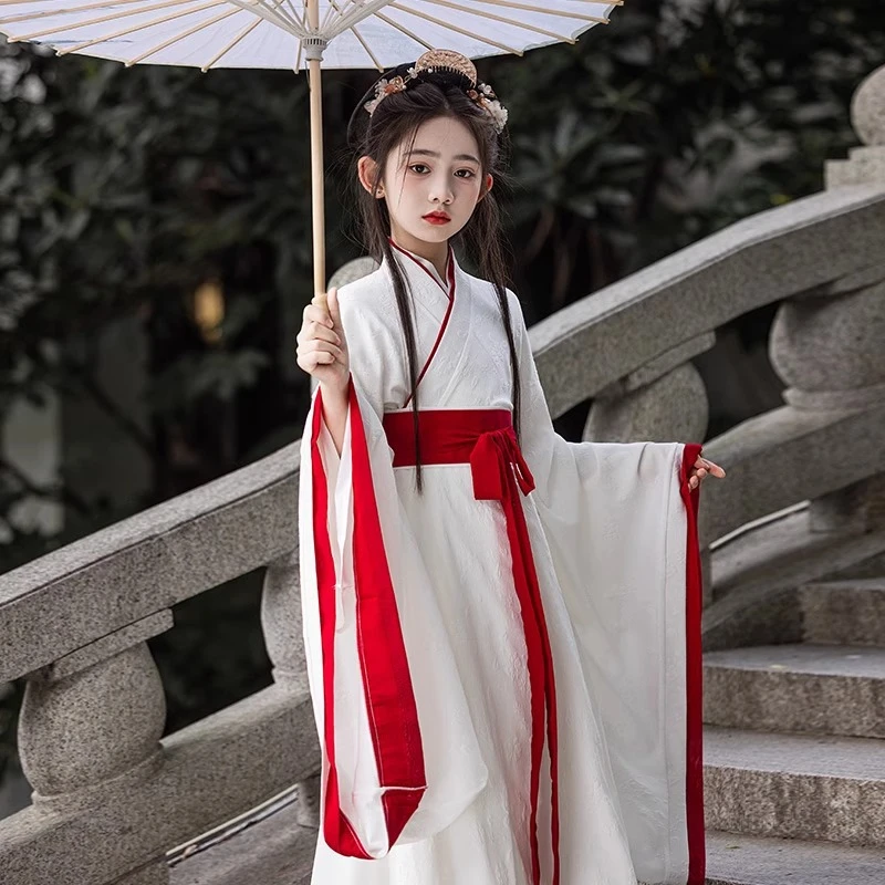白色女童汉服魏晋南北朝2025新款夏季儿童广袖古装女孩古筝演出服