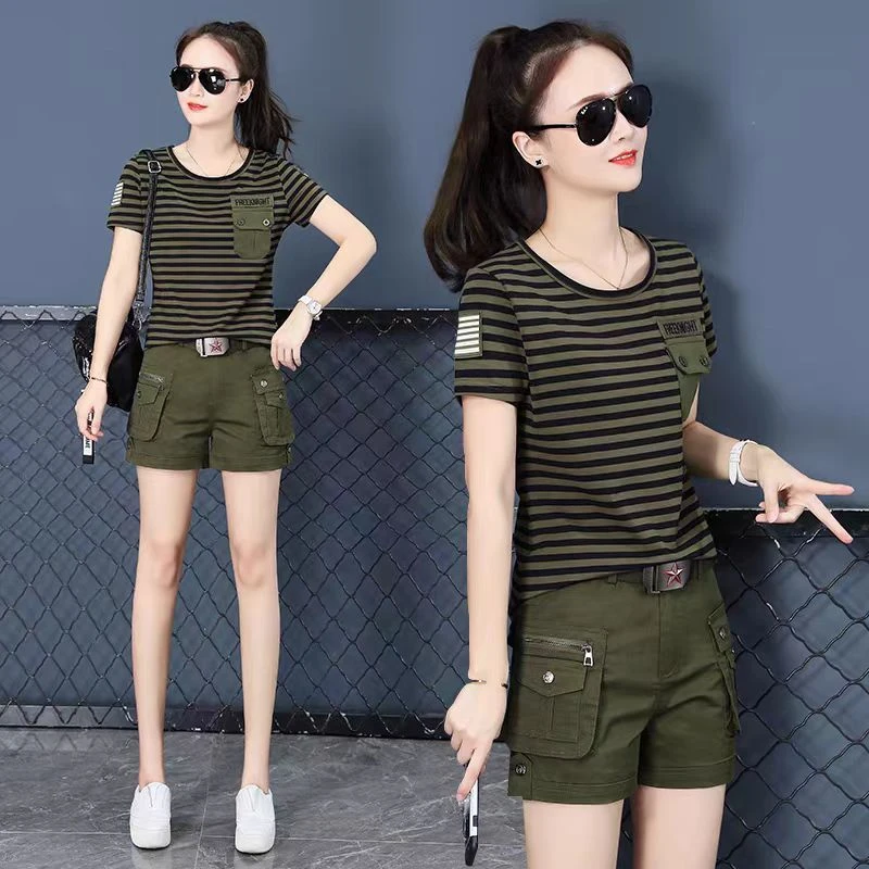 夏季工装套装女韩版时尚短袖T恤女百搭显瘦迷彩高腰工装裤两件套