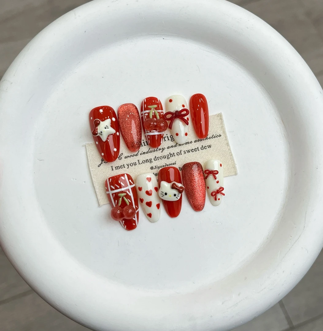 【樱桃猫】珍珍手工穿戴甲童趣卡通显白红色手绘格纹爱心猫眼美甲