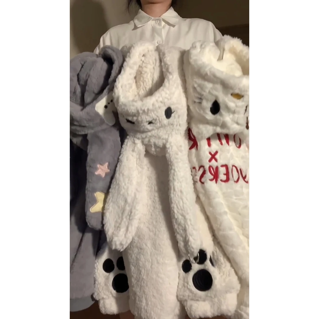 秋冬新款软萌小兔连帽设计感毛绒睡衣外套女休闲风可外穿宽松上衣