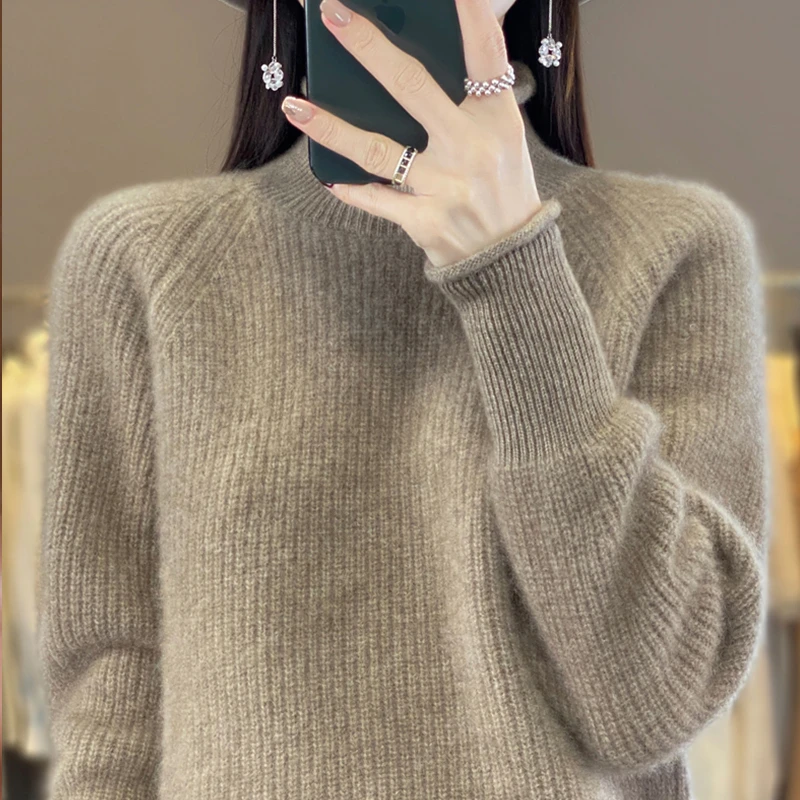 正品显瘦洋气高领羊毛衫女100%纯羊毛打底衫宽松加厚保暖纯色毛衣