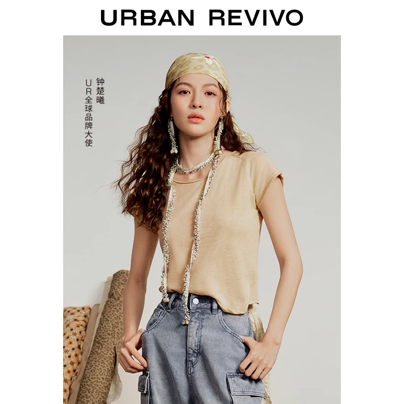【钟楚曦同款】UR2025秋季新款女流光风卷边短款T恤UYL450231