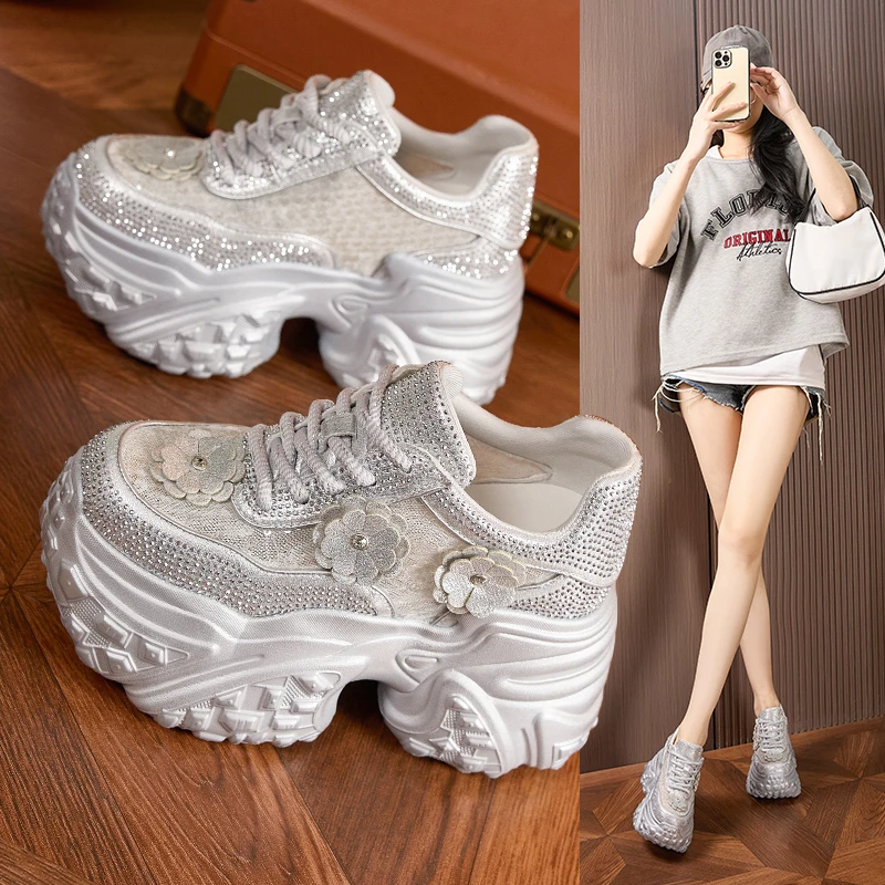 老爹鞋女厚底内增高女鞋夏季爆款水钻镂空鞋百搭凉鞋小个子网面