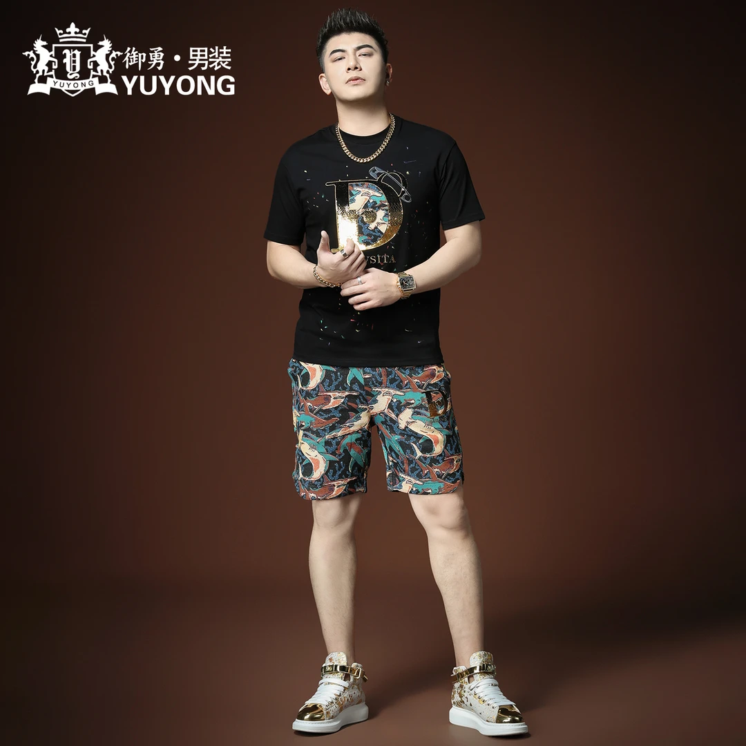 欧洲站2025年夏季新款字母亮片短袖T恤五分裤休闲套装男士两件套