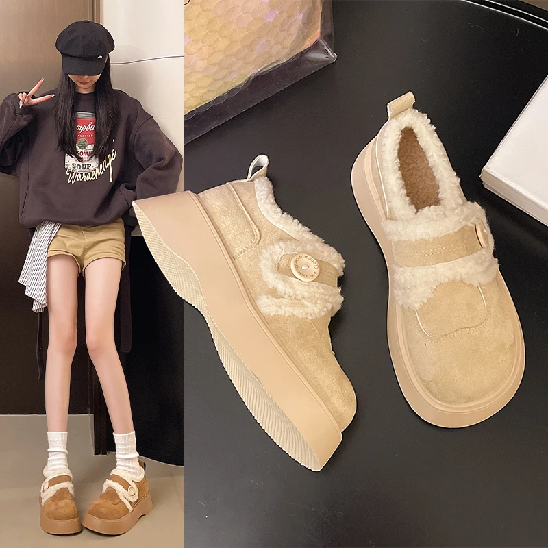 魔术贴复古厚底增高加绒勃肯鞋女2025新款秋冬百搭保暖毛毛棉鞋子
