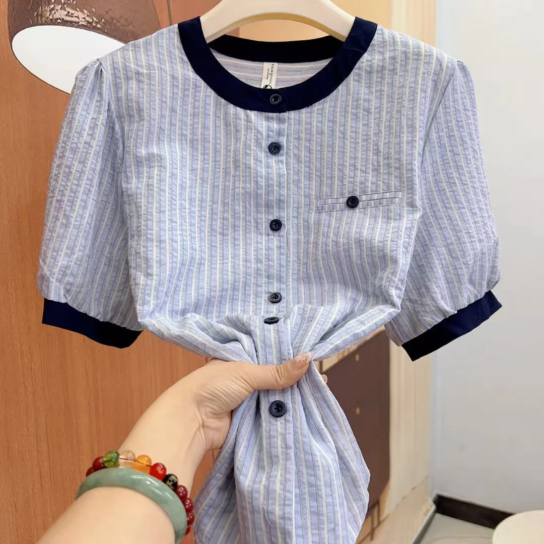 夏季新款撞色条纹短袖衬衫百搭通勤气质上衣显瘦小众时尚拼接