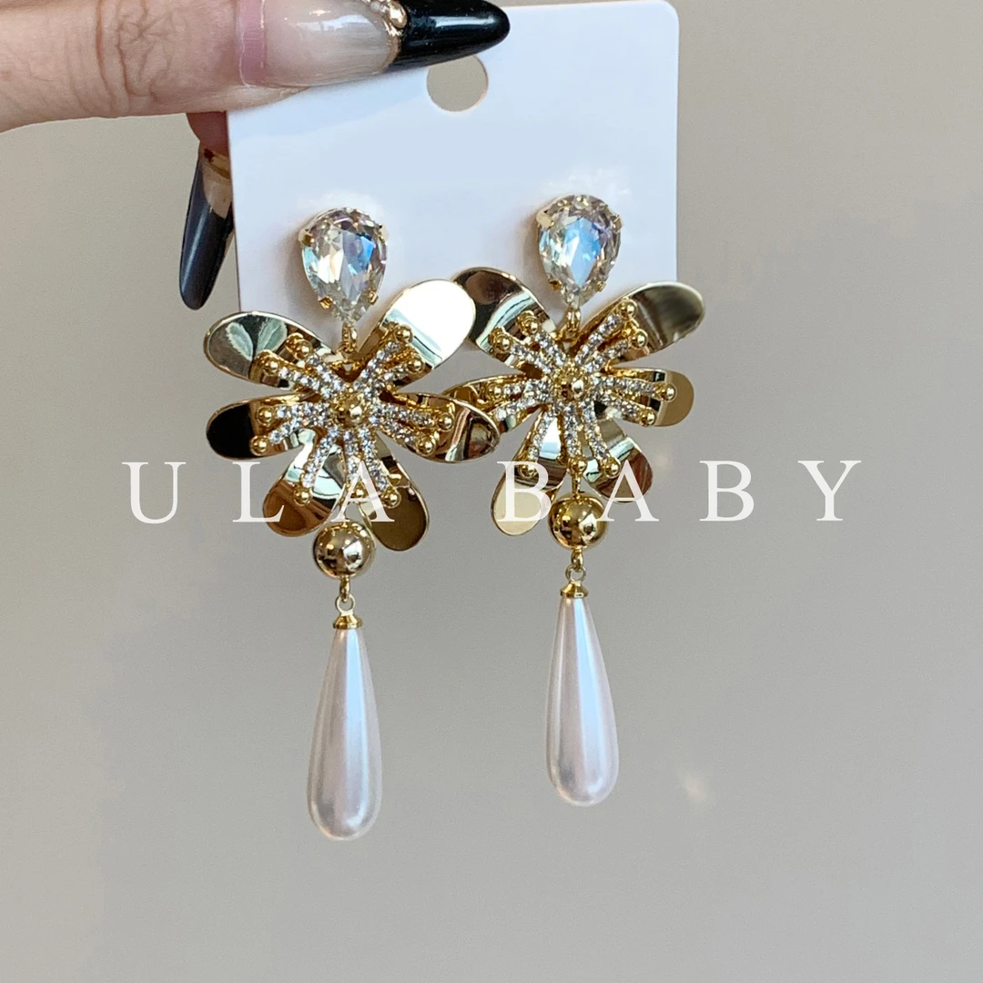 铜合金合成锆石耳饰 【喜儿ula】10-23-20时尚超闪立体花朵流苏耳钉