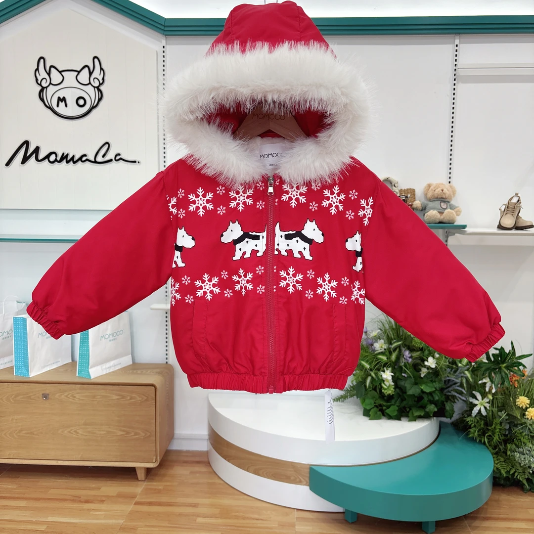 MOMOCO2025冬季女童洋气粉色连帽毛领保暖厚款外套77725121601