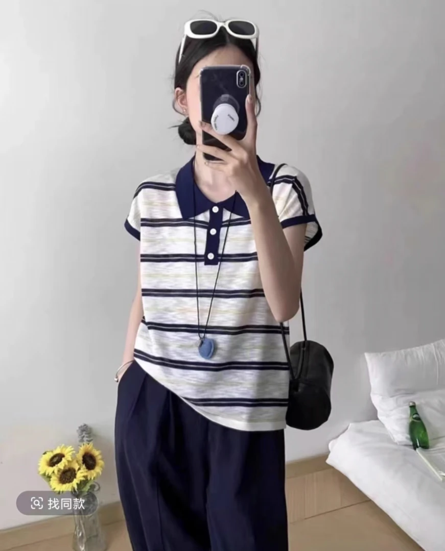 上衣百搭夏季显瘦时尚宽松设计感polo条纹针织休闲复古翻领927