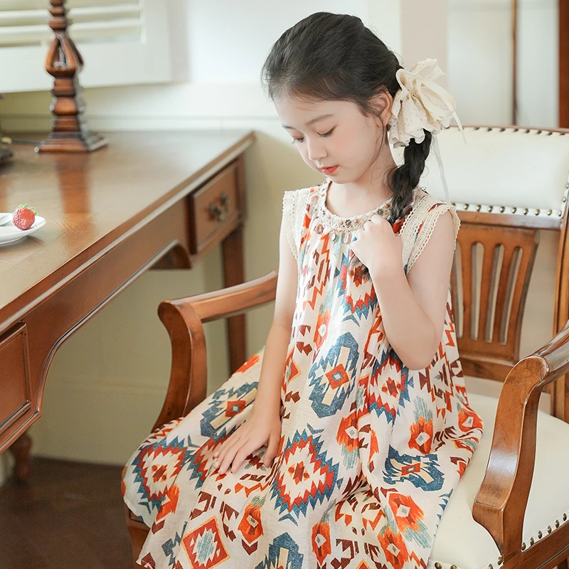 53815女童连衣裙夏季小女孩洋气印花波西米亚度假风儿童背心裙