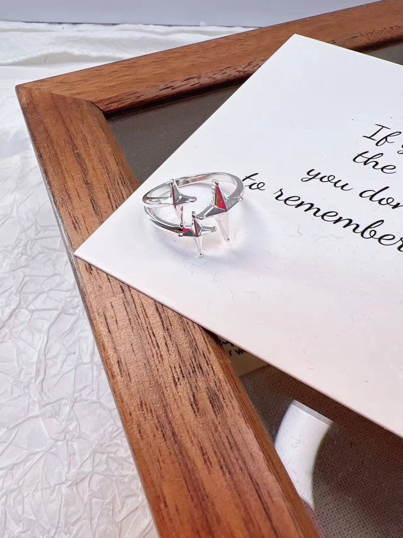 925银戒指 日系厂亮面立体重工四芒星双层银戒指14-16码