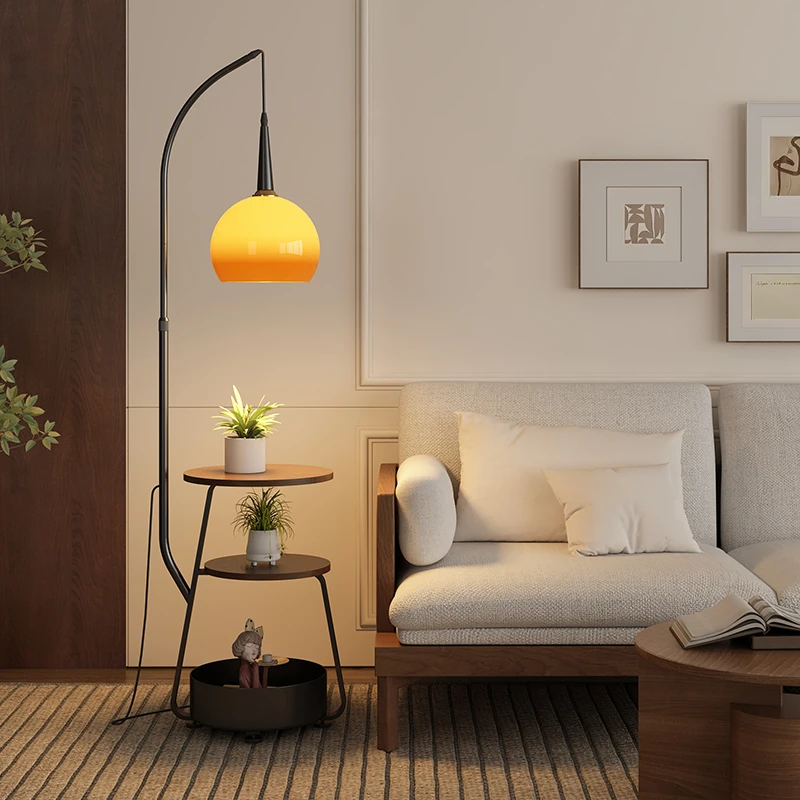 中古风复古落地灯客厅沙发旁边几置物卧室高级感氛围床头柜一体灯