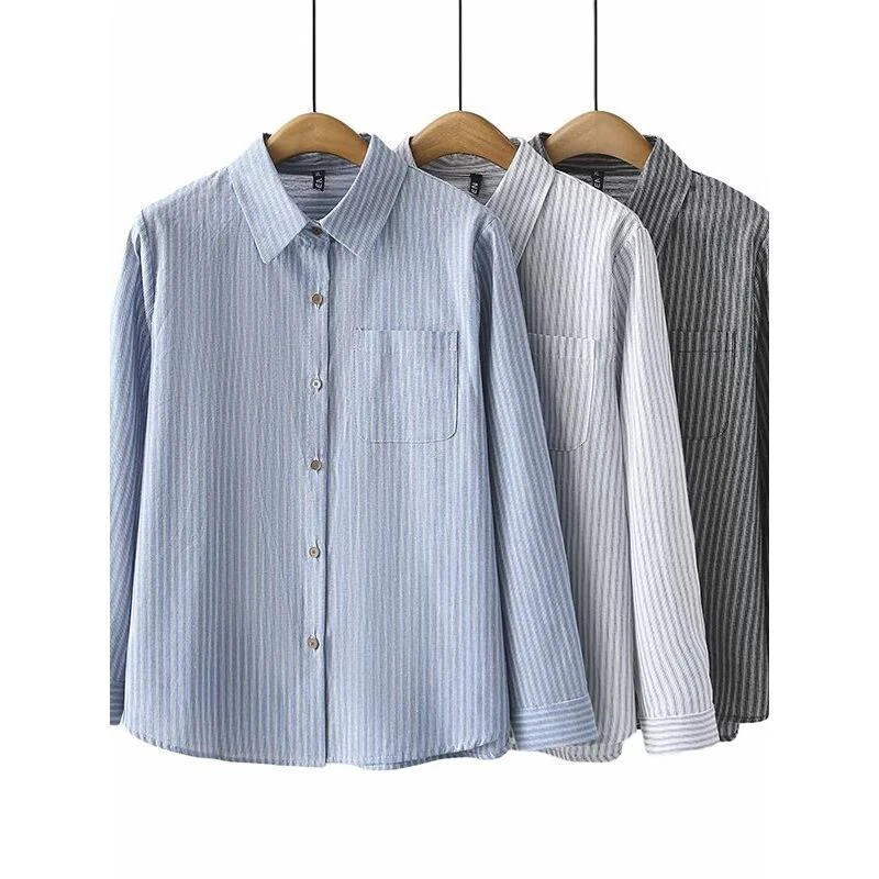 胖mm大码女装全棉条纹衬衫女春秋新款宽松显瘦百搭长袖上衣打底衫