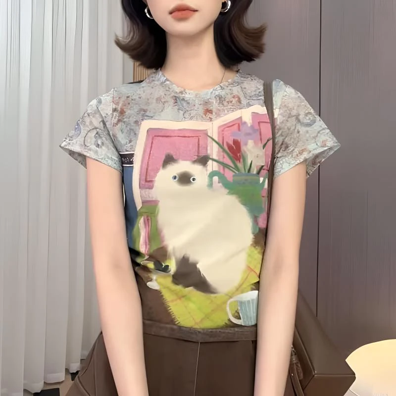 猫咪时尚薄款短袖T恤女士2025夏季新款洋气百搭小众显瘦小上衣服