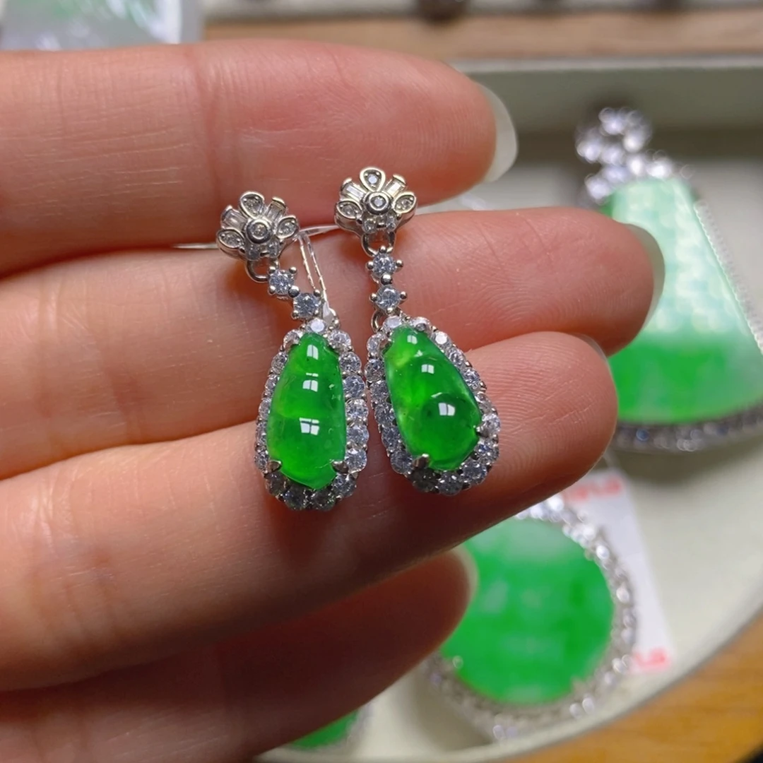 翡翠颈饰银S925镶嵌福豆耳坠