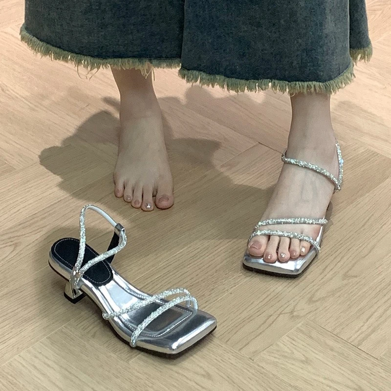 银色水钻凉鞋女外穿2025夏季一字带方头凉拖法式细高跟凉鞋女