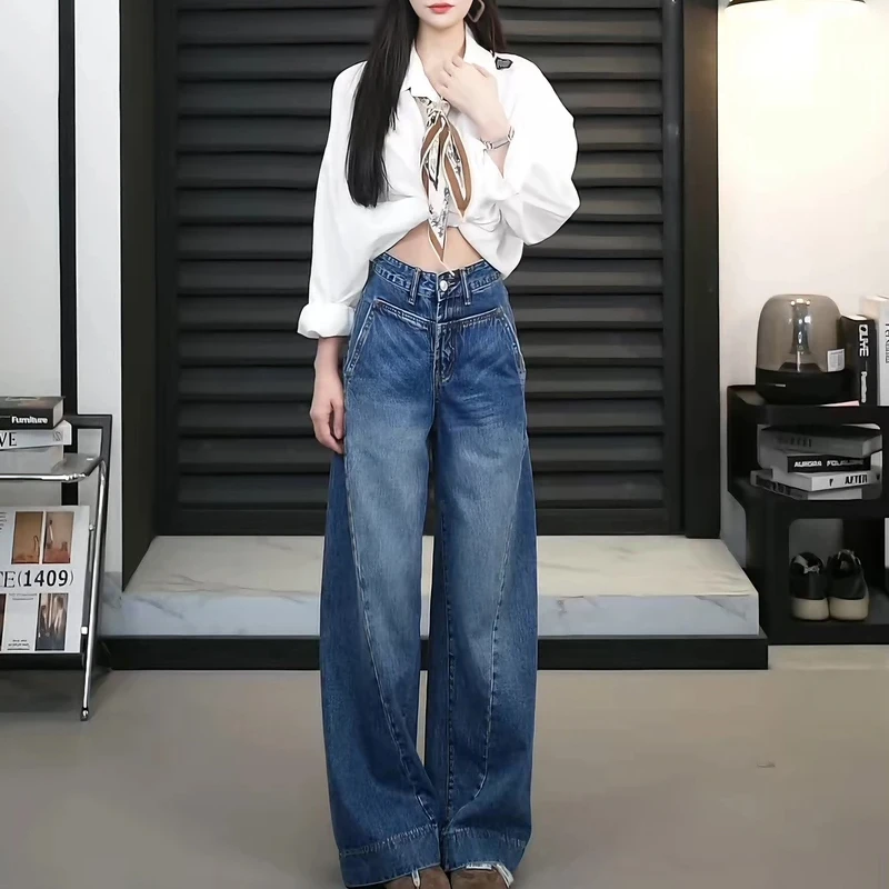 2025新款休闲经典蓝色初秋牛仔裤设计感高腰阔腿拖地女裤潮流洋气