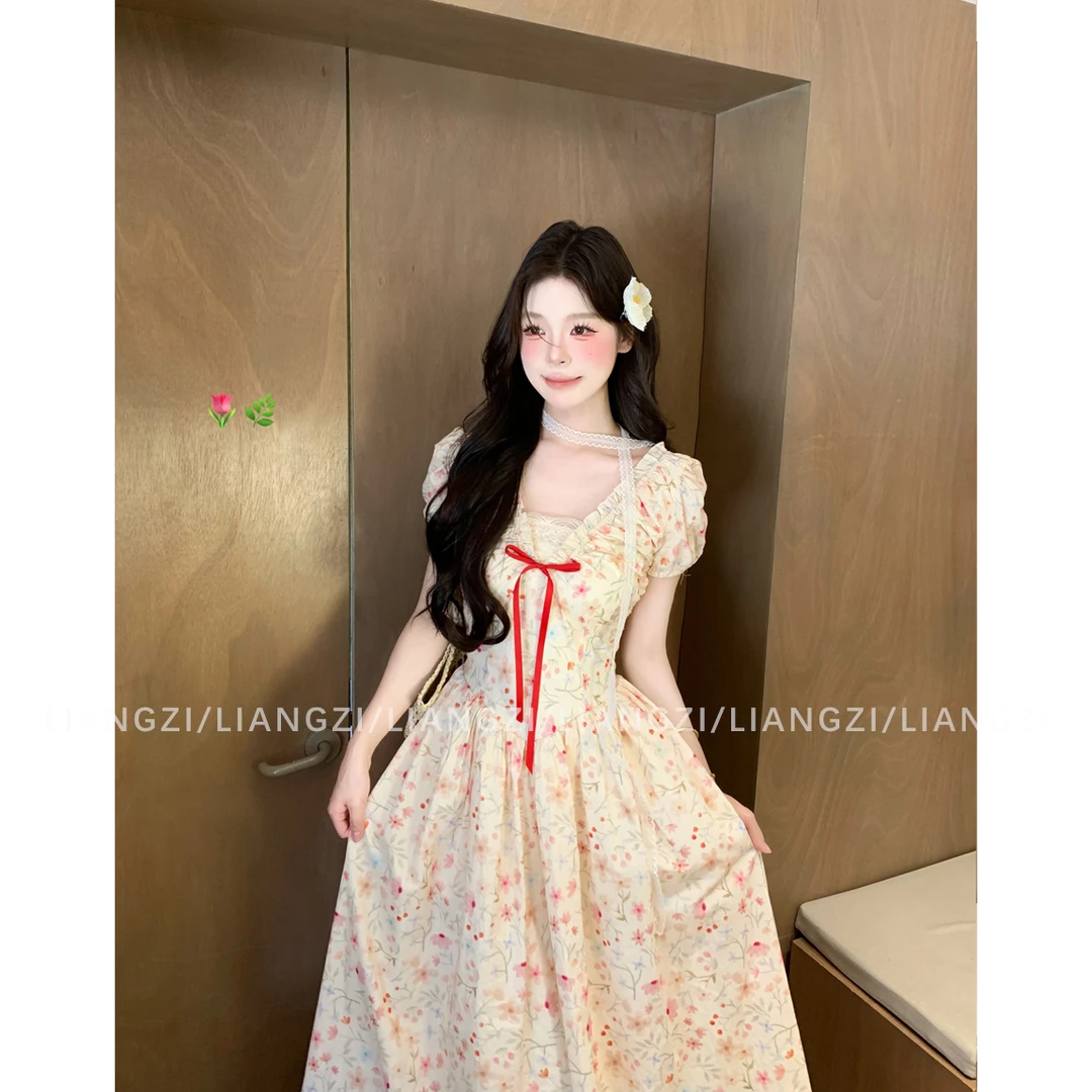 梁子【蔷薇花园】夏季少女风红色蝴蝶结碎花长裙油画感收腰连衣裙