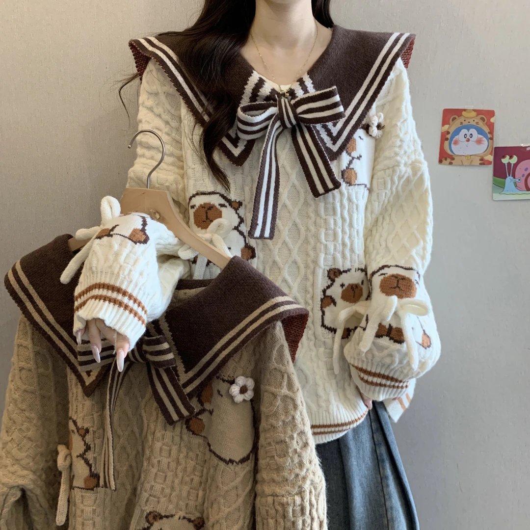 秋冬2025新款蝴蝶结加厚毛衣外穿大码女装胖mm韩版宽松针织衫上衣