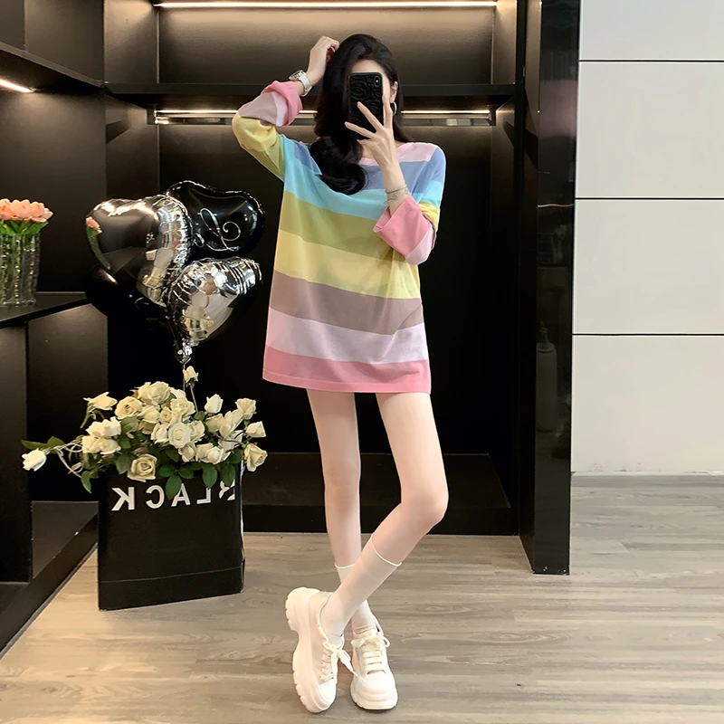 彩色条纹插肩长袖T恤女新款设计感慵懒宽松轻薄微透防晒罩衫上衣