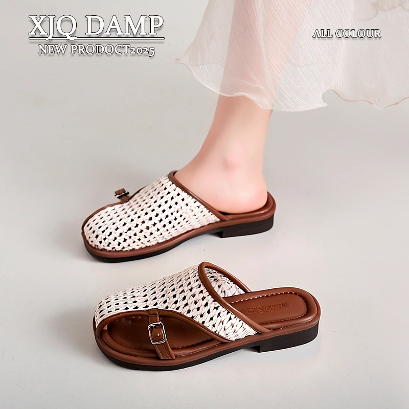 时尚镂空包头半拖鞋女夏外穿平底罗马风2025新款编织镂空凉鞋时尚