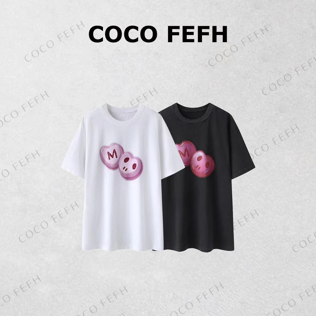 COCOFEFH【M】短袖T恤2025春季新品舒适棉质果冻爱心印K5154