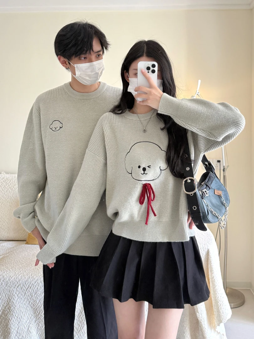 情侣装秋冬季可爱风针织套头宽松拼接毛针织衫上衣圆领