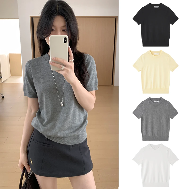 Miss sumey#Y3802自制复古灰色正肩短袖t恤女高级感收腰针织上衣