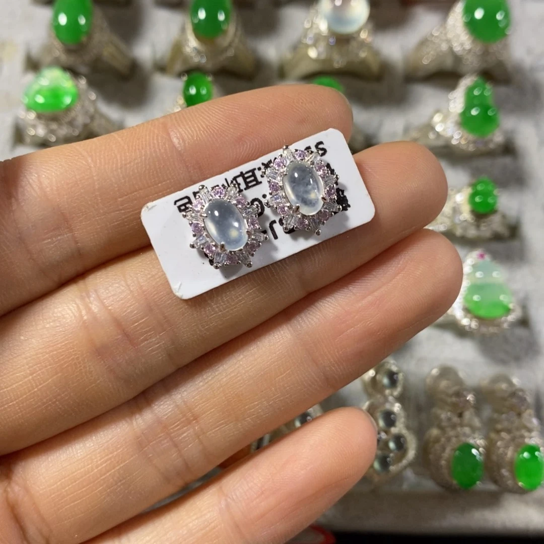 银S925镶嵌翡翠耳饰耳钉