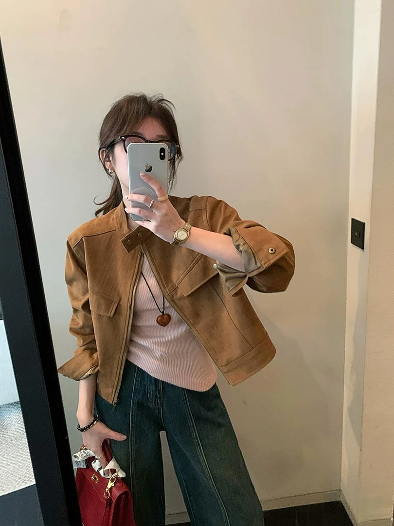 美拉德风咖色短款麂皮绒外套女秋款2025好看高级小众夹克上衣时尚